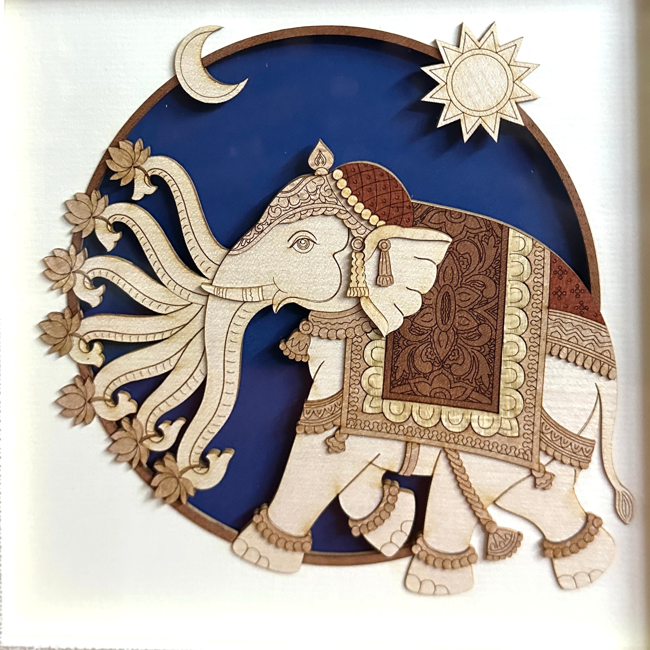 Airavata "King Of Elephants" With 7 Trunks Divine Wooden Art Wall Frame Tamrapatra