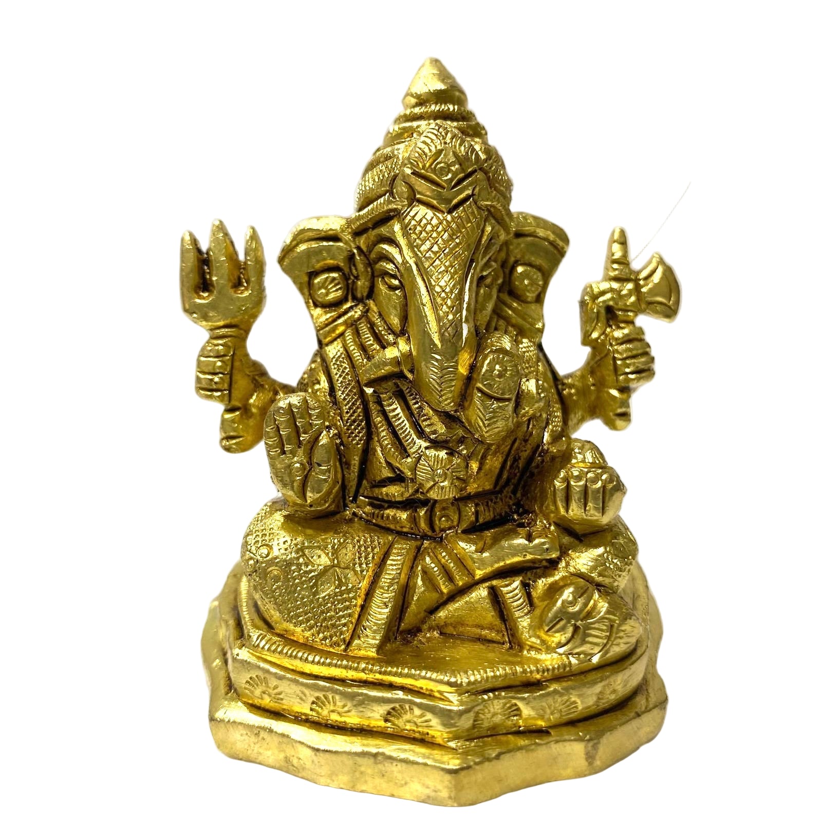 Gold-colored statue of a deity with elephant head and multiple arms on a white background