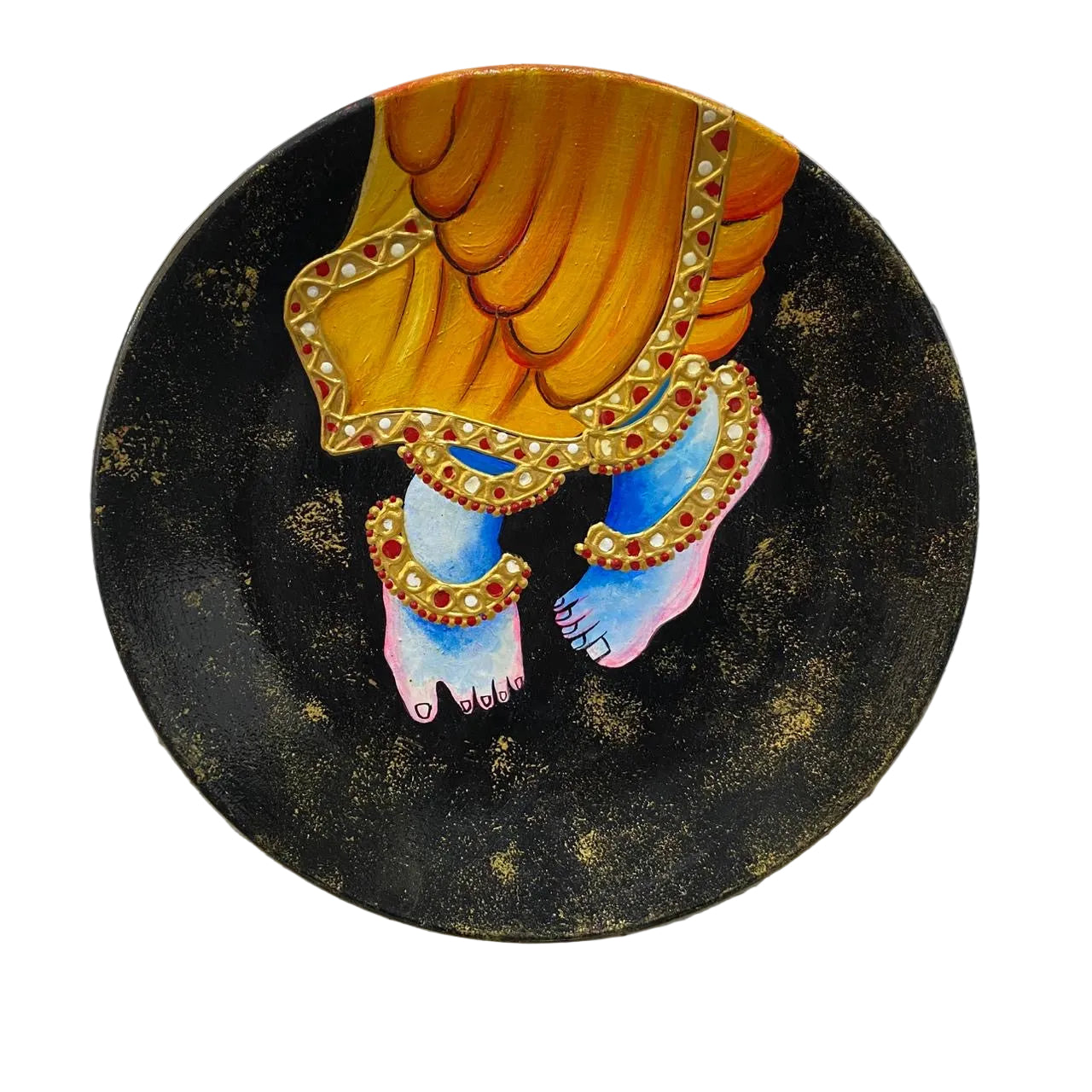 Decorative plate with painted feet and jewelry on a textured white background