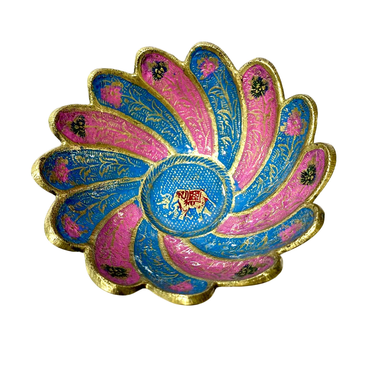 Decorative bowl with blue and pink floral design on a white background