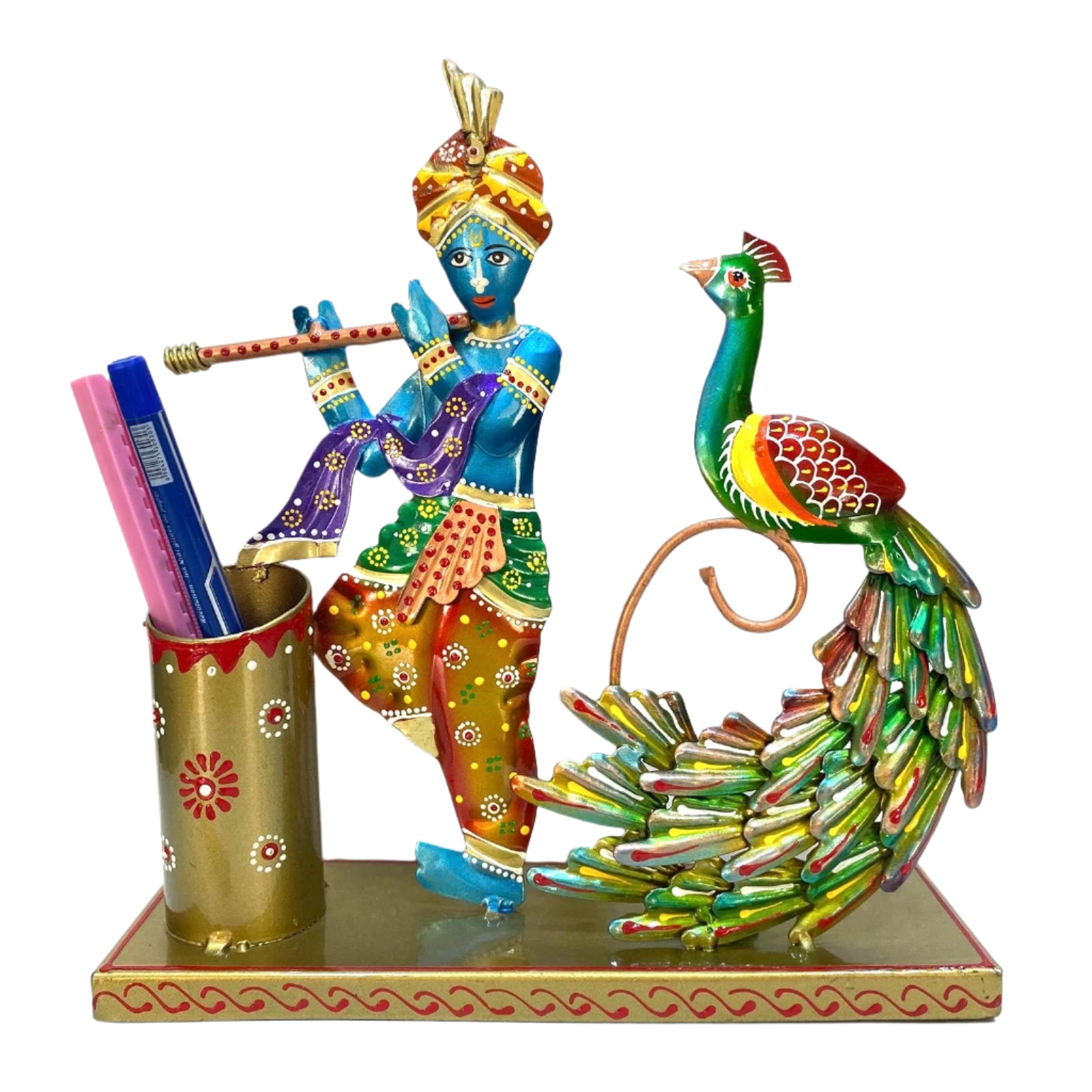 Traditional Krishna Peacock Styled Pen Holder In Golden Shades From Tamrapatra