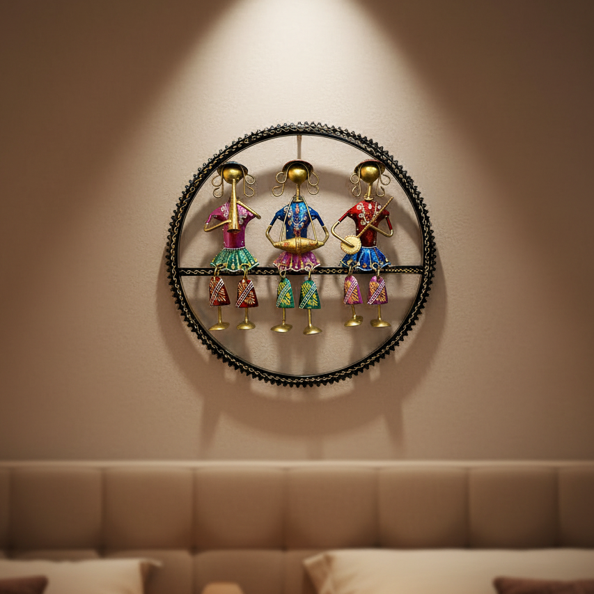 Metal Craft Excellence In Sitting Lady Musicians On Frame Art By Tamrapatra - Tamrapatra
