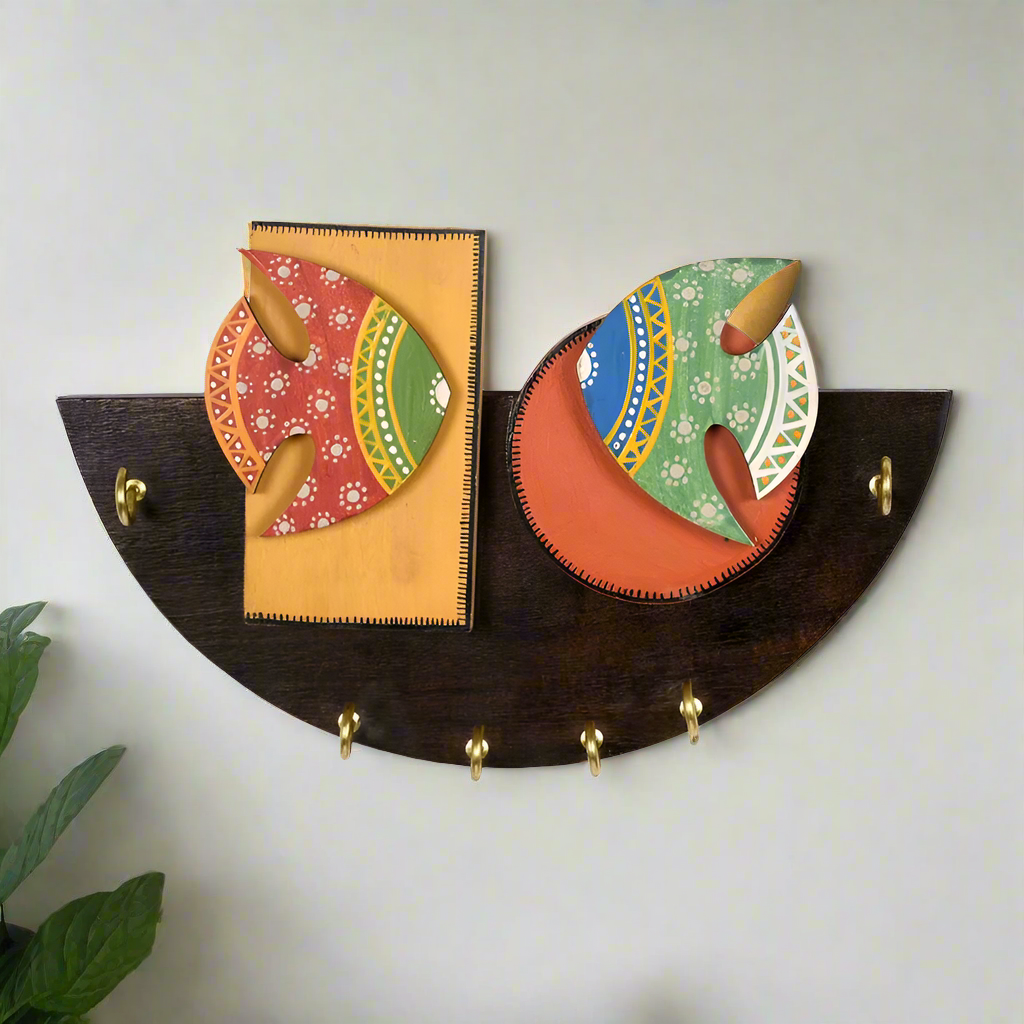 Two Fish Hand Painted Carved On 6 Stylish Key Hangers Collection By Tamrapatra