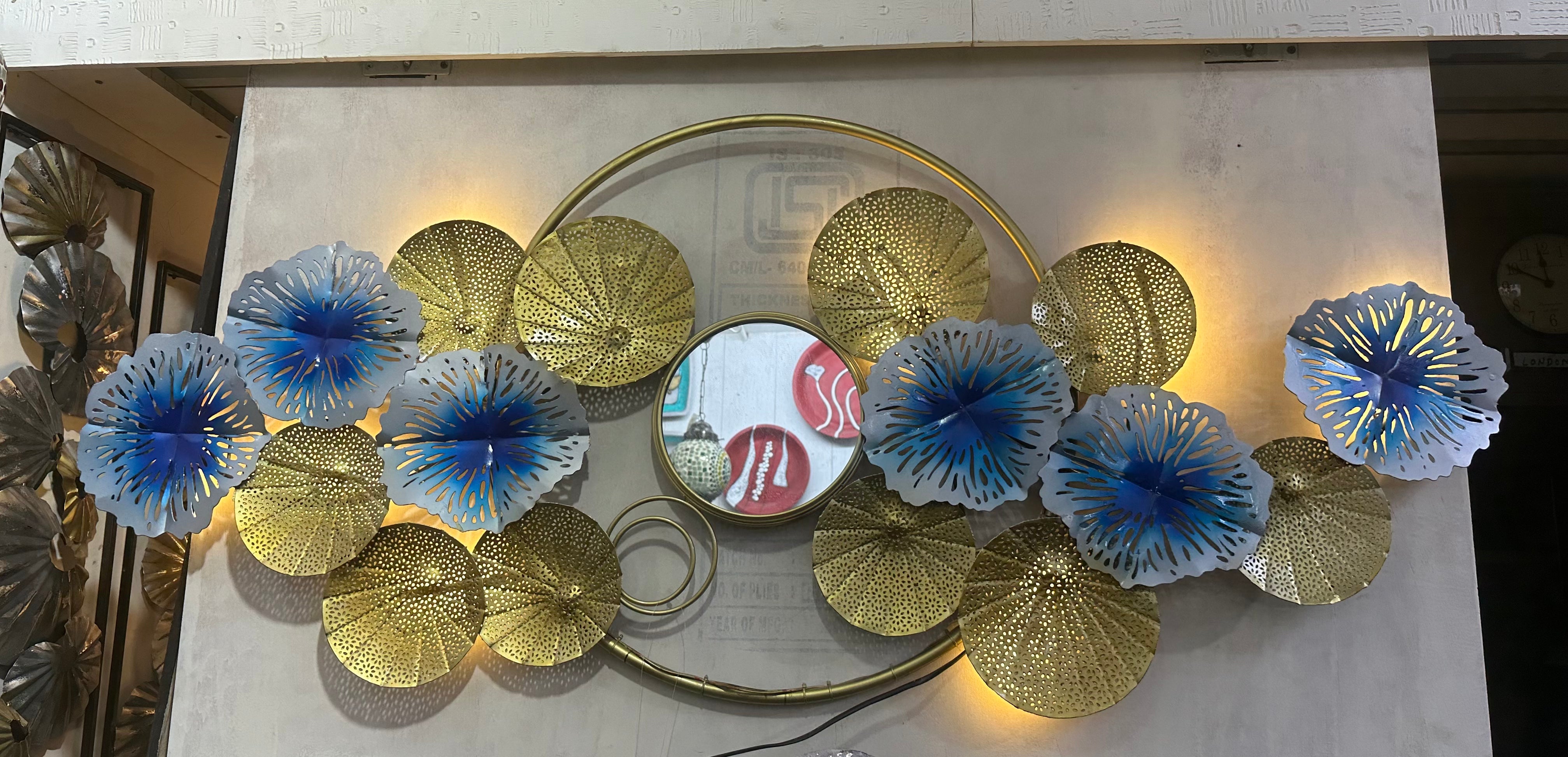 Blue Gold Floral Mural Metal Art With Mirror & LED Lights Handcrafted By Tamrapatra