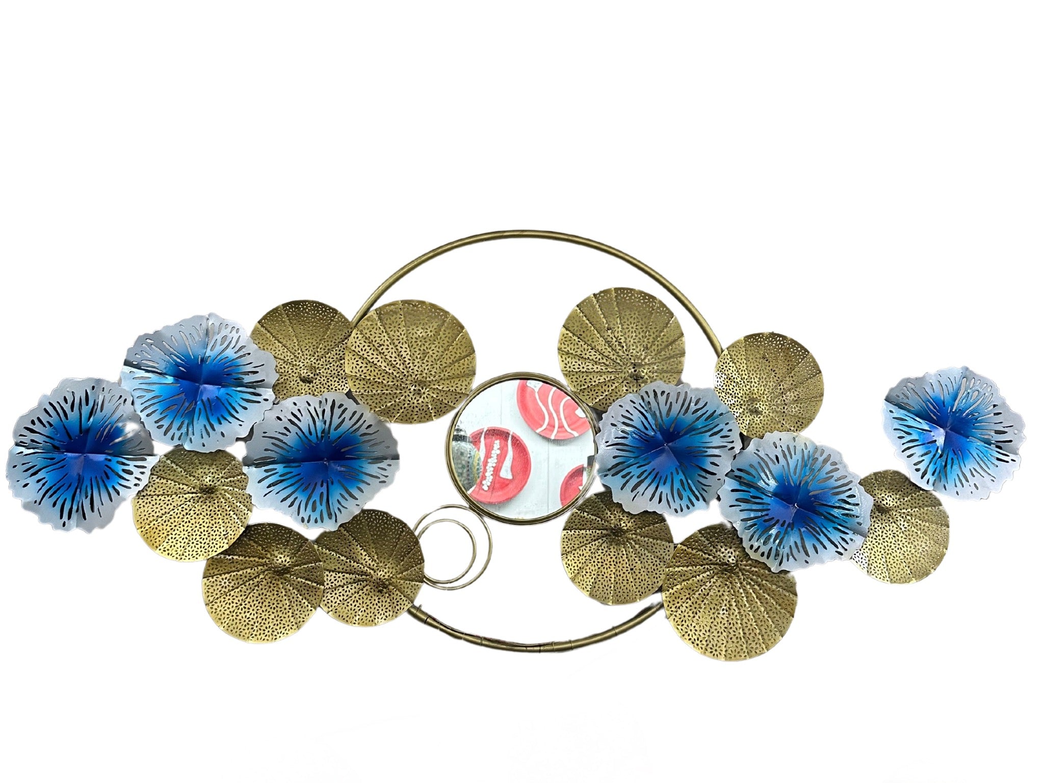 Blue Gold Floral Mural Metal Art With Mirror & LED Lights Handcrafted By Tamrapatra