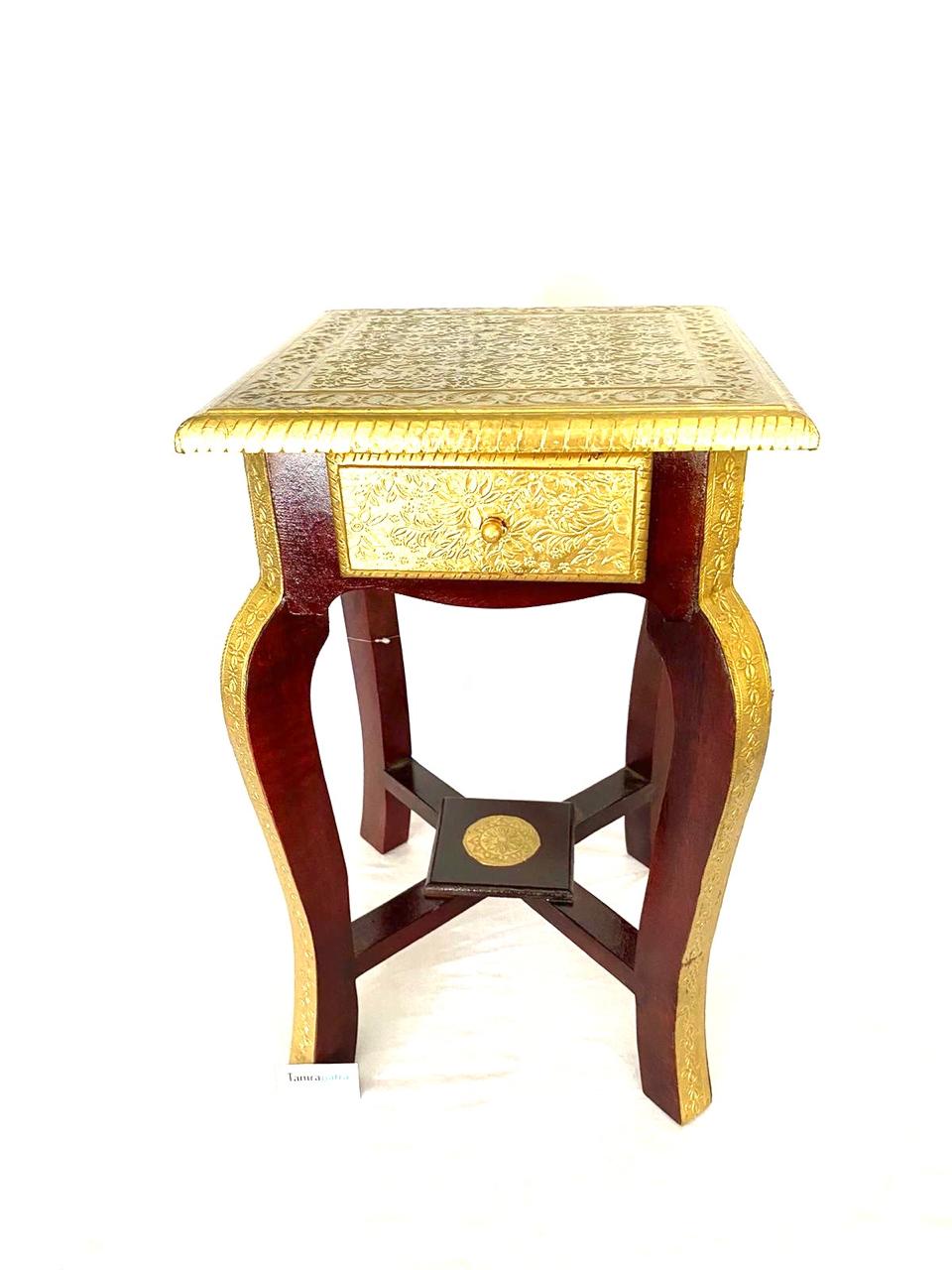 Wooden Sleek & Stylish Wooden Brass Stool For Corner With Drawer By Tamrapatra