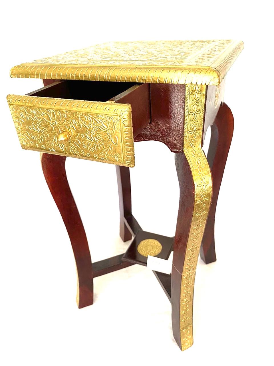 Wooden Sleek & Stylish Wooden Brass Stool For Corner With Drawer By Tamrapatra