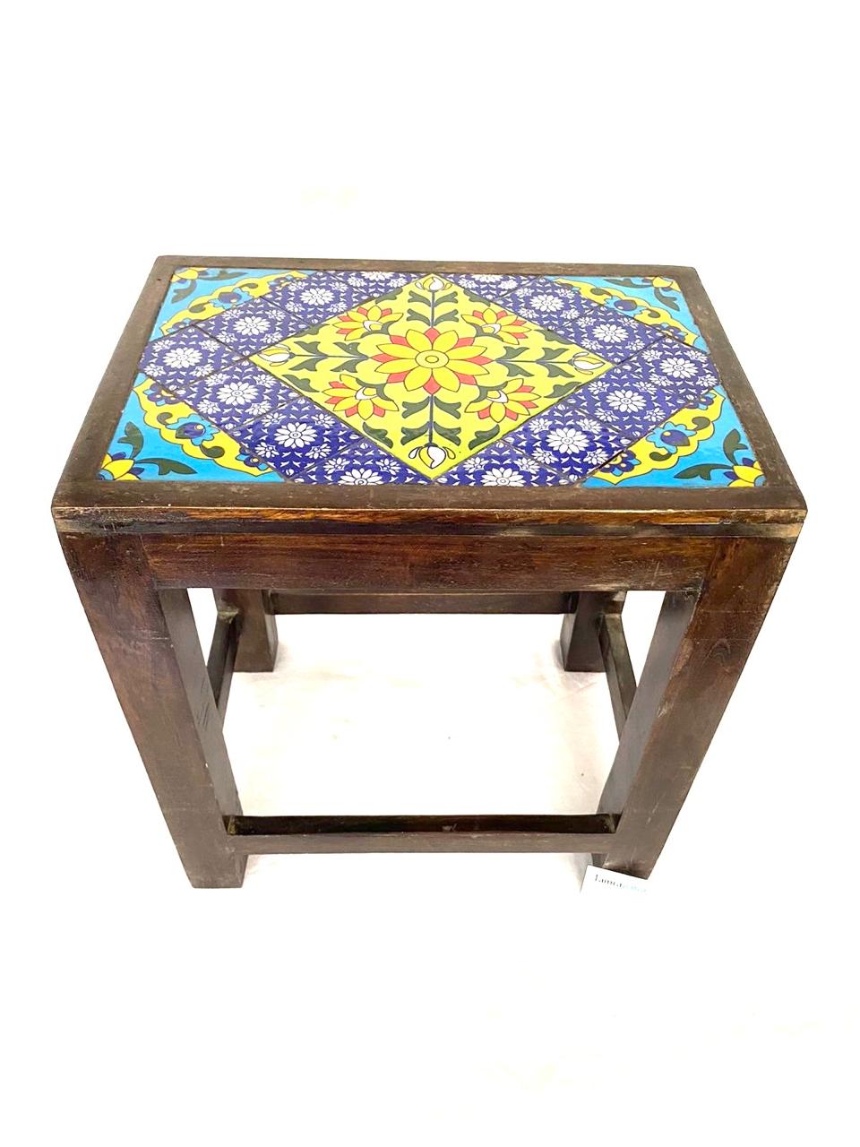 Nester Stool With Blue Pottery Tiles Handmade Wooden Art & Craft By Tamrapatra