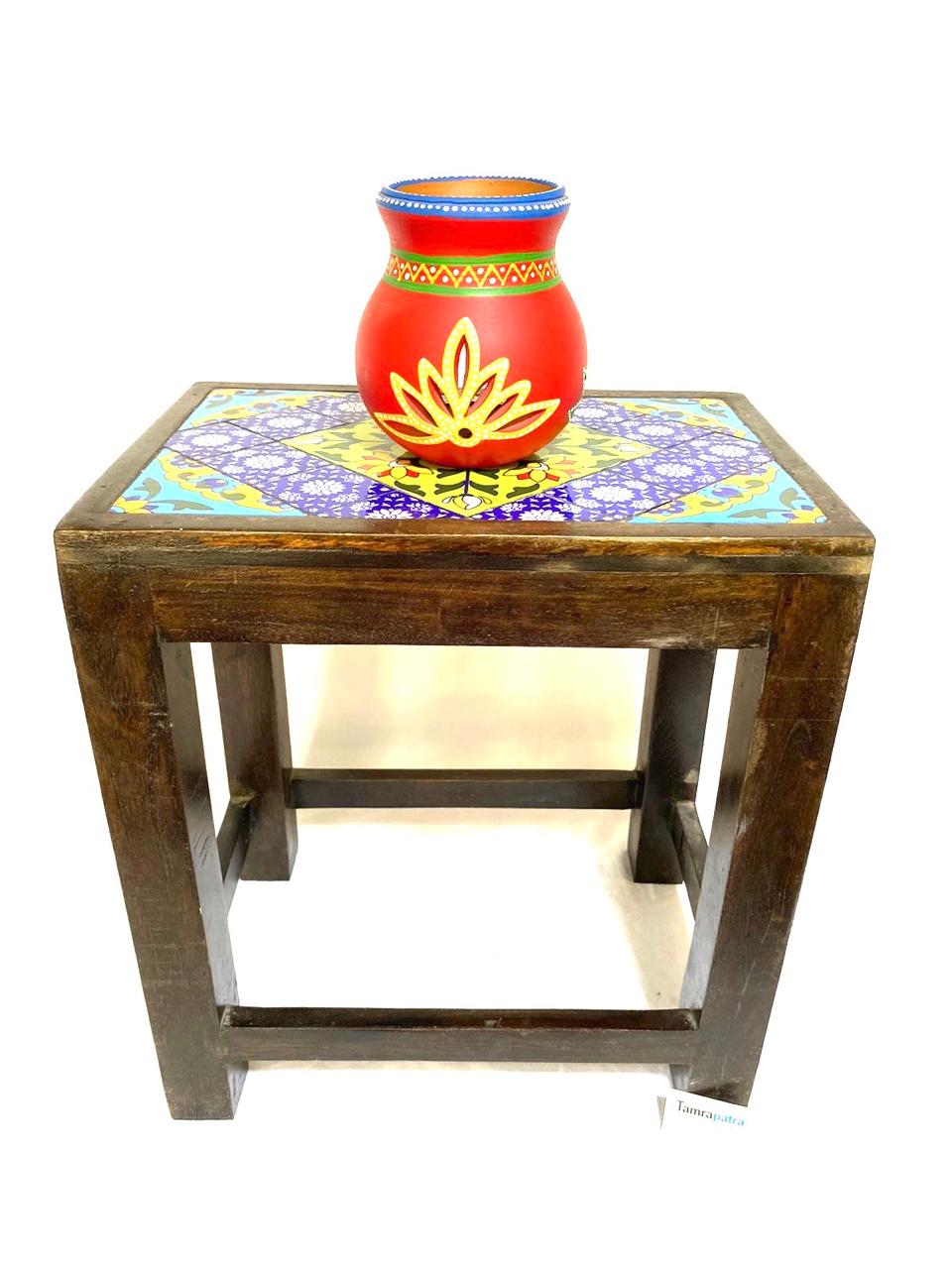 Nester Stool With Blue Pottery Tiles Handmade Wooden Art & Craft By Tamrapatra