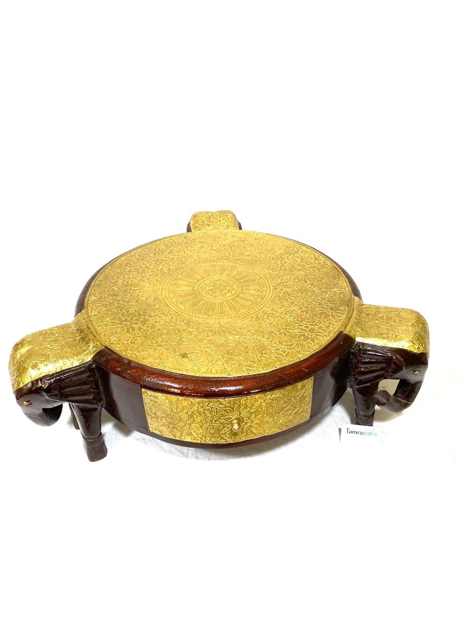 3 Elephant Wooden Brass Stool With Drawer Vintage Collection From Tamrapatra