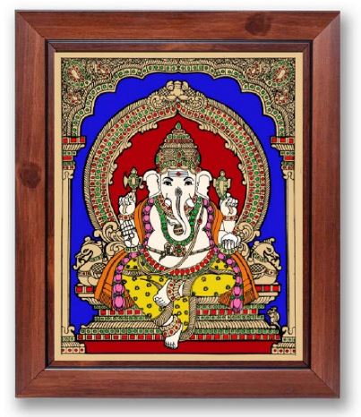 Ganesh Lakshmi Sarasvati Tanjore Reverse Glass Painting Wall Art By Tamrapatra