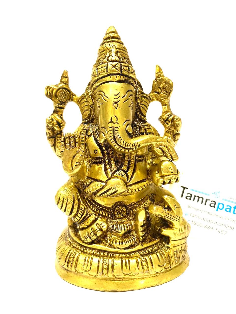 Brass Ganesh On Chowki Excellent Divine Collection Super Finely Carved Tamrapatra