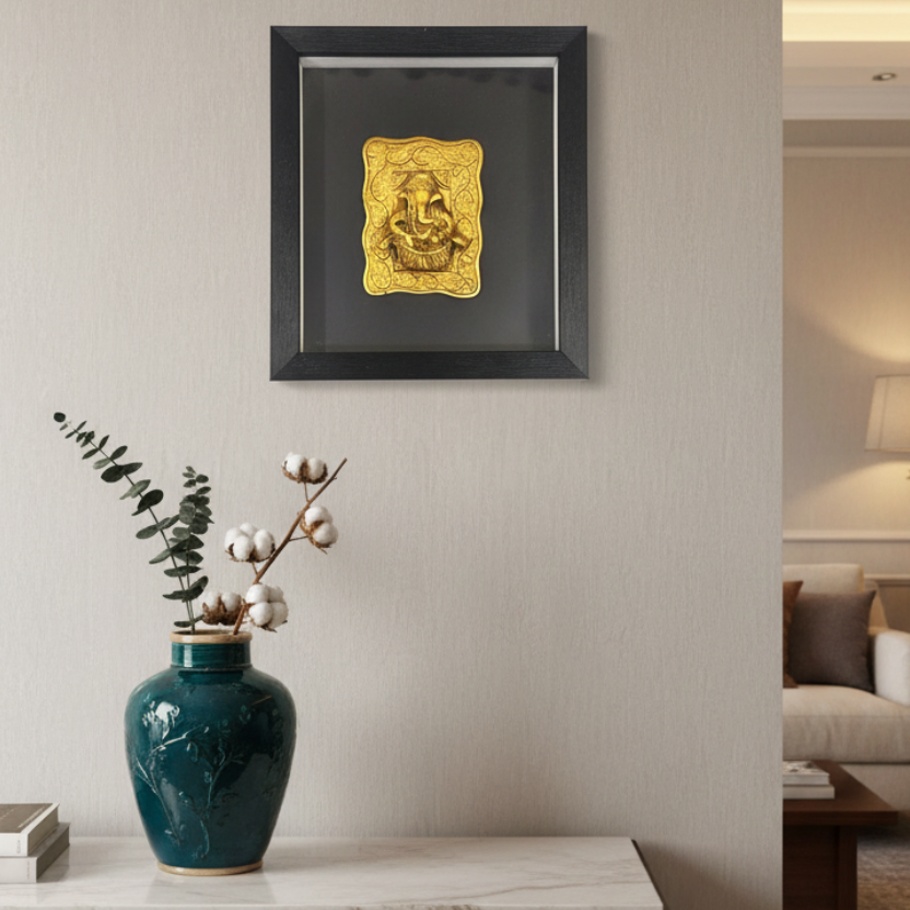 Musical Brass Ganesha With Bold Black Frame Extraordinary Collection Tamrapatra