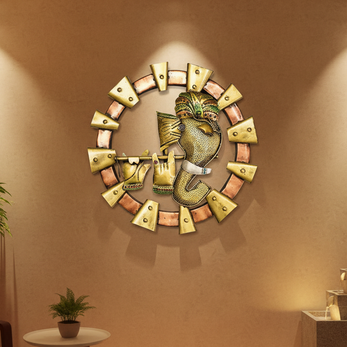 Metal Round Wall Décor Religious Ganesh Krishna Figures Wall Art By Tamrapatra