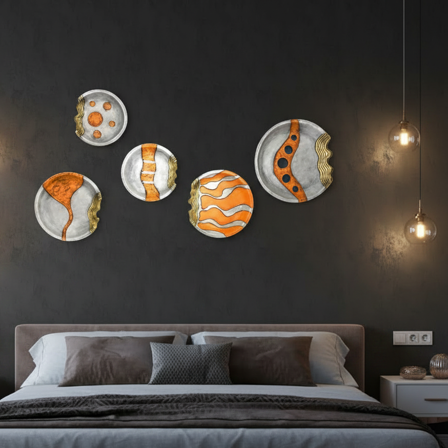 Cutwork Gray Plates With Tangerine & Golden Dash Abstract Set Of 5 Tamrapatra - Tamrapatra