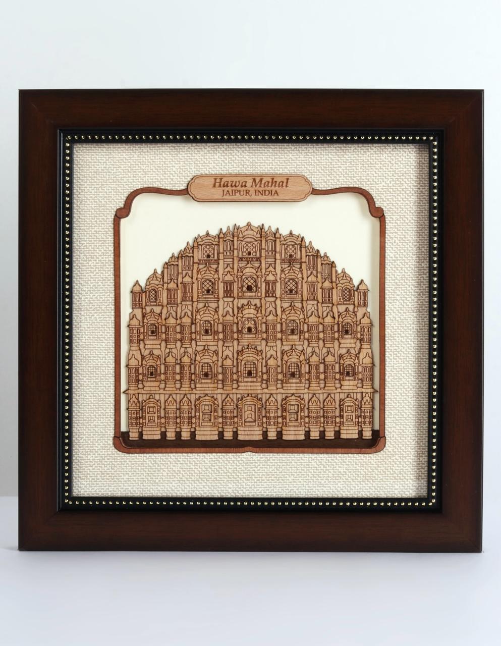 Hawa Mahal Jaipur Wooden Art Frame in Enclosed Glass Indian Monuments Tamrapatra