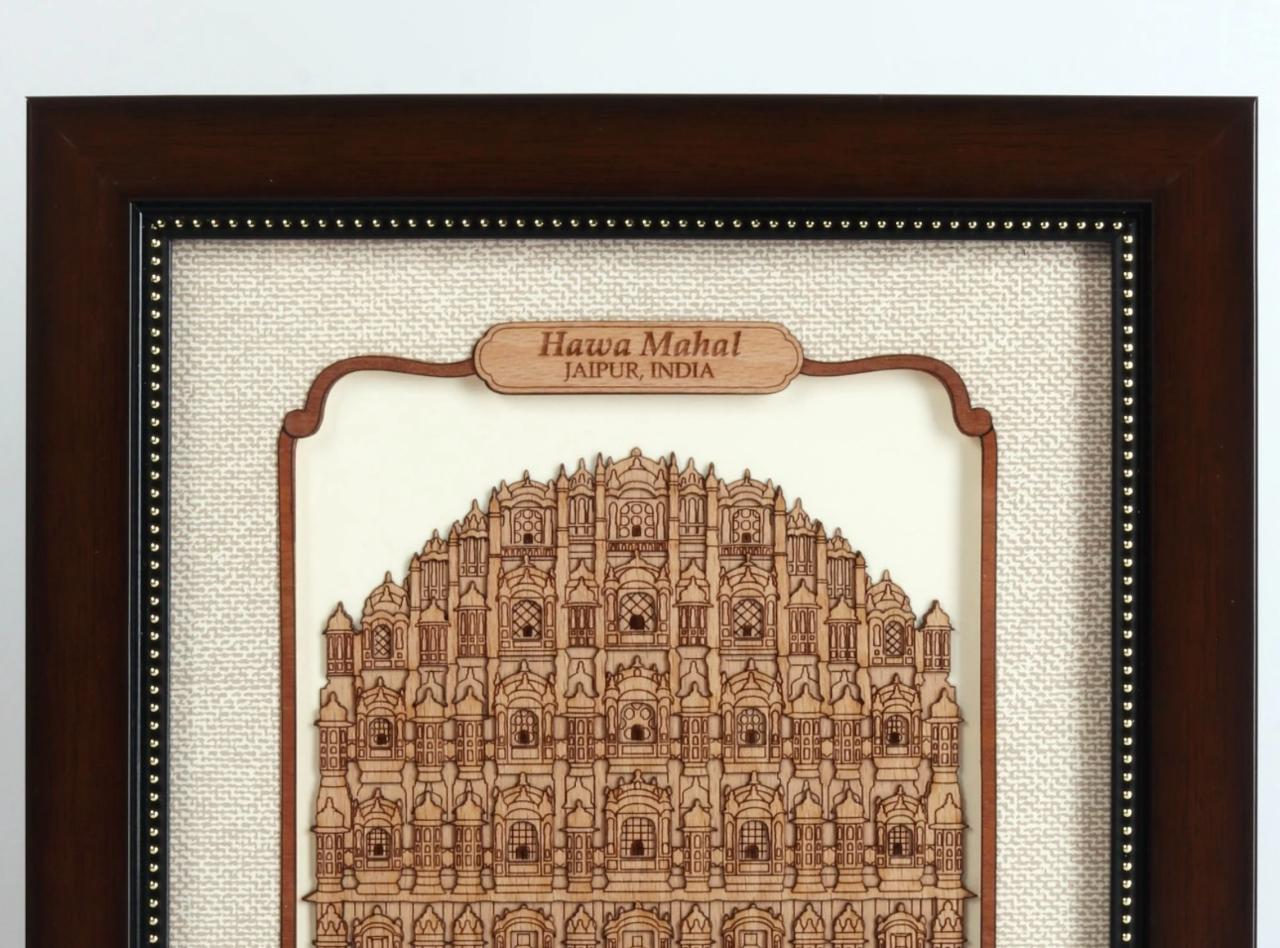 Hawa Mahal Jaipur Wooden Art Frame in Enclosed Glass Indian Monuments Tamrapatra