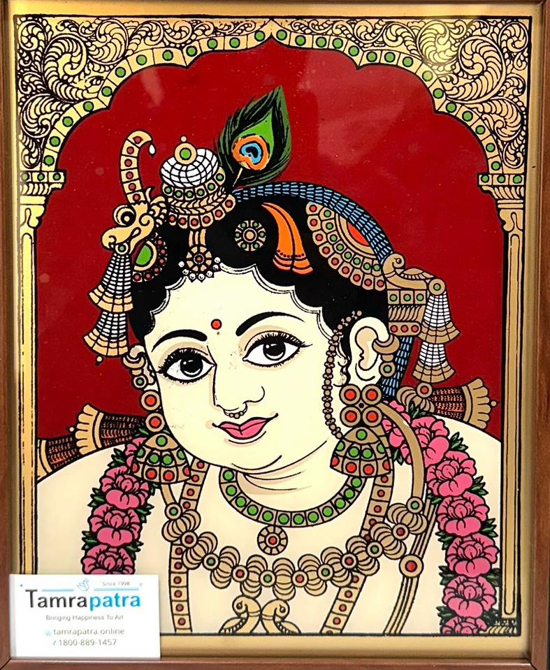 Traditional Tanjore Paintings In Reverse Glass Royal Nandi Kamdhenu From Tamrapatra