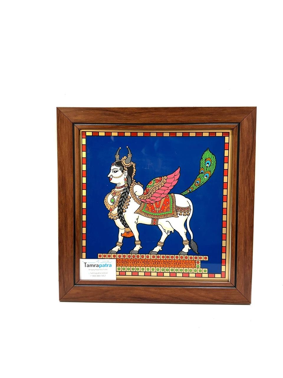 Traditional Tanjore Paintings In Reverse Glass Royal Nandi Kamdhenu From Tamrapatra