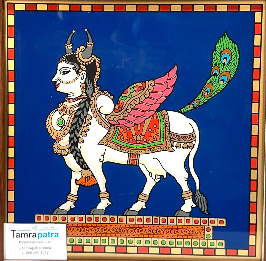 Traditional Tanjore Paintings In Reverse Glass Royal Nandi Kamdhenu From Tamrapatra