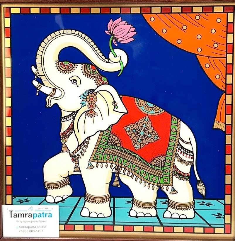 Paintings On Reverse Glass Tanjore Tales Elephant Cow Design On Wall Frame Tamrapatra