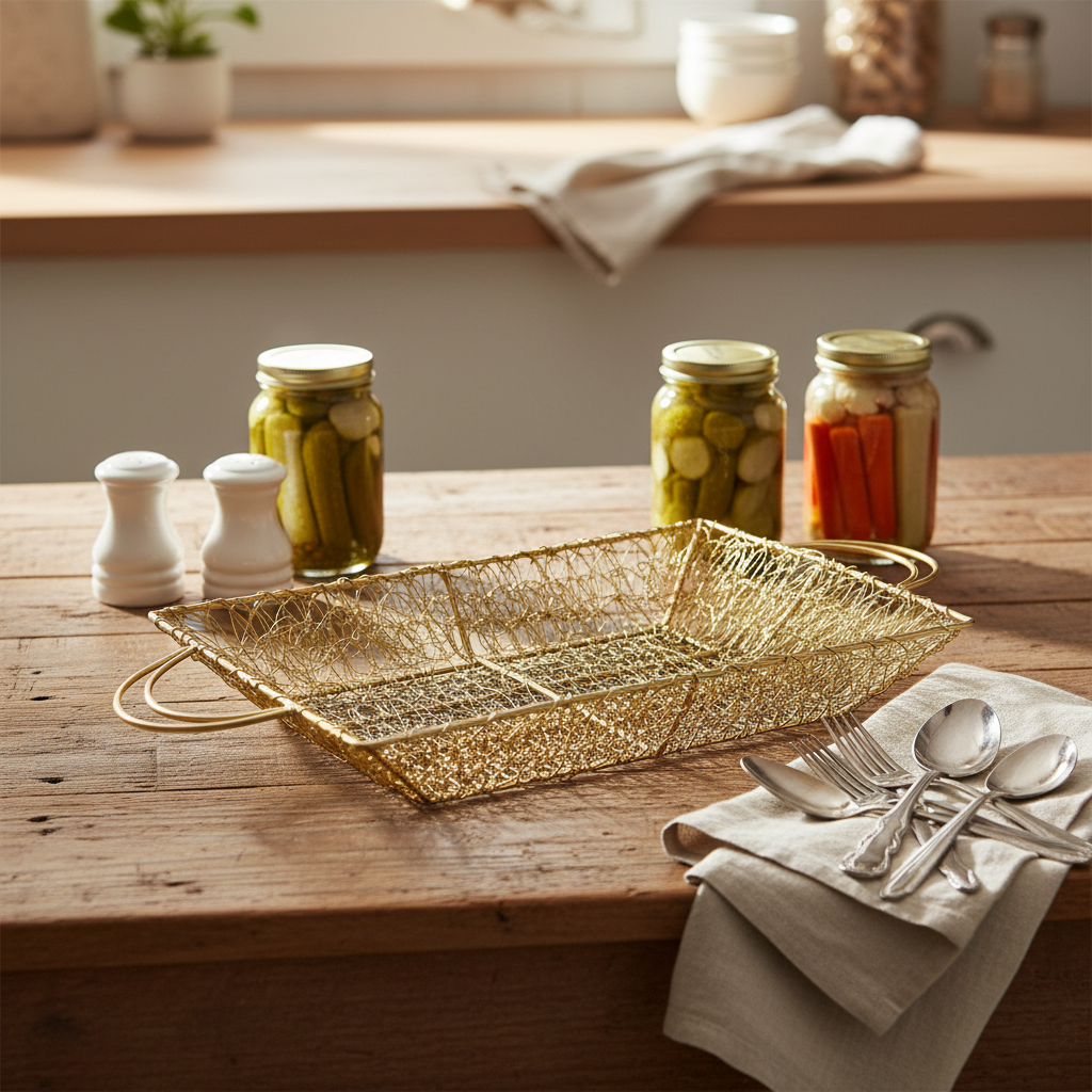 Jali Style Rectangular Trays Basket Metal Handles Splendid Design Tamrapatra