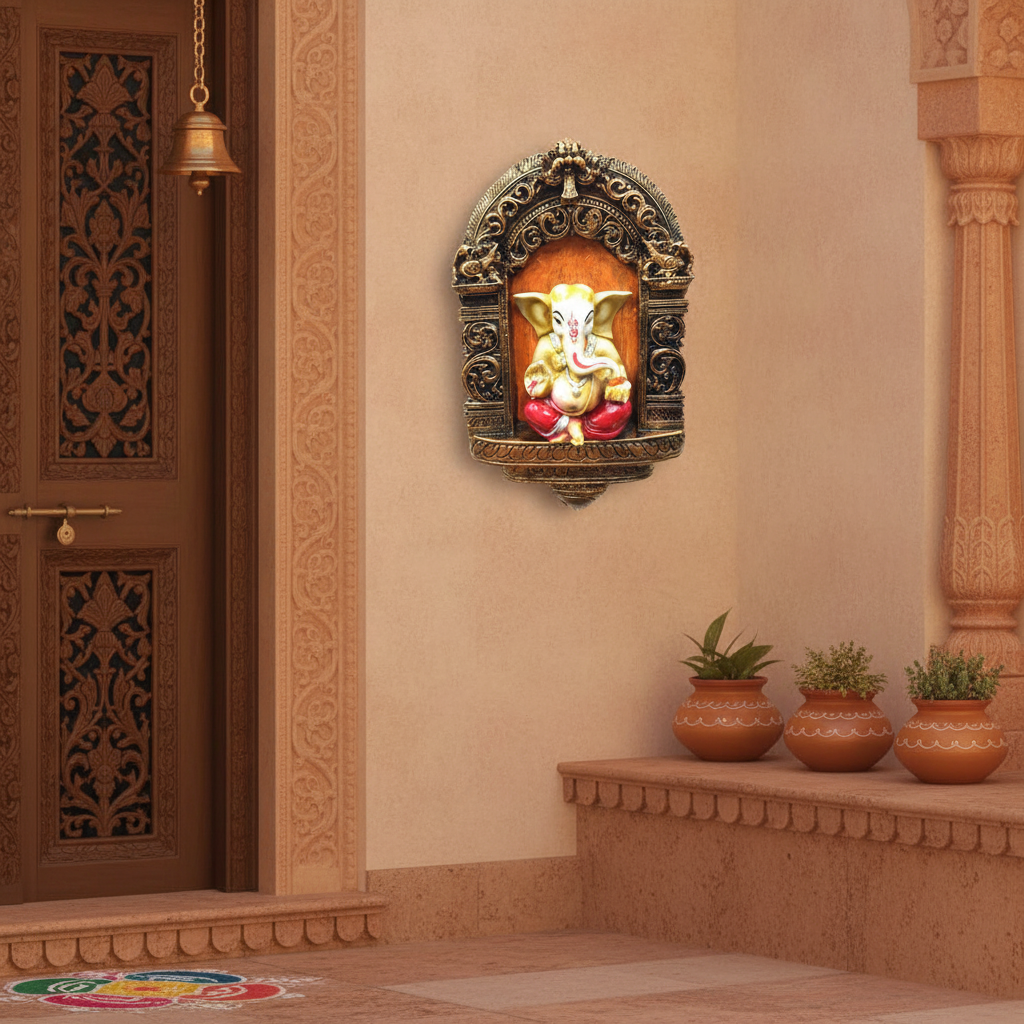 Hand Painted Jharokha Style Ganesha Religious Wall Art Resin By Tamrapatra - Tamrapatra