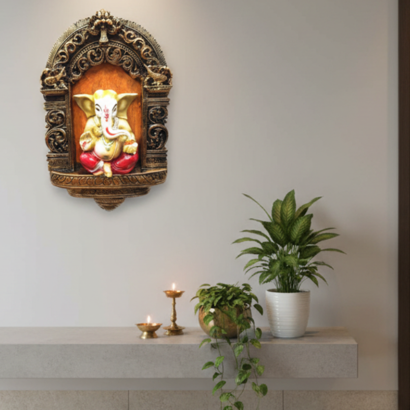 Hand Painted Jharokha Style Ganesha Religious Wall Art Resin By Tamrapatra