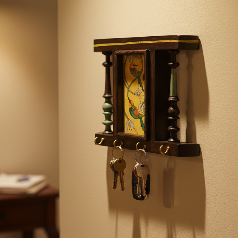Decorative wall shelf with artistic design on a white background