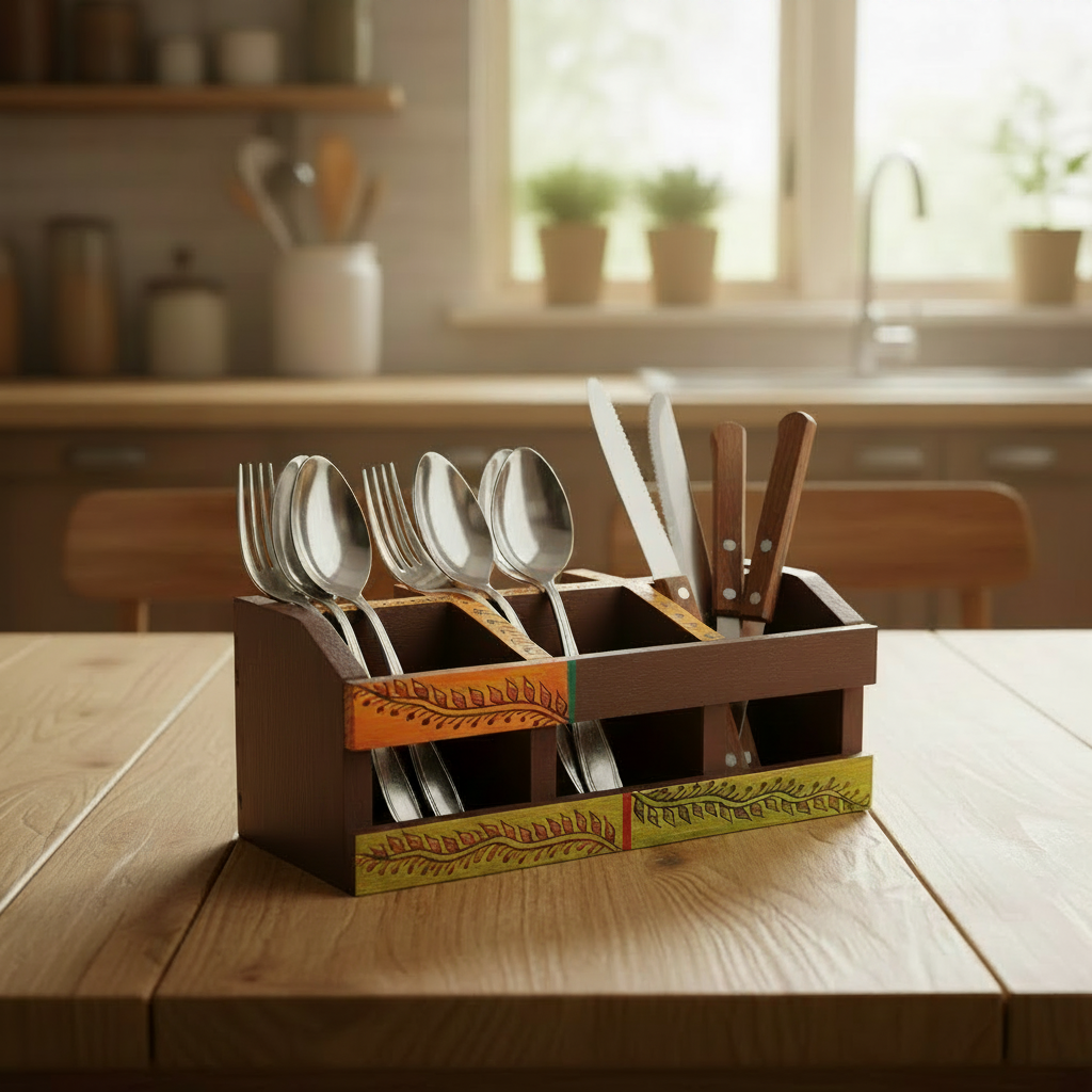 Wood Designer Remote Utility Cutlery Stand Hand Painted Available At Tamrapatra - Tamrapatra