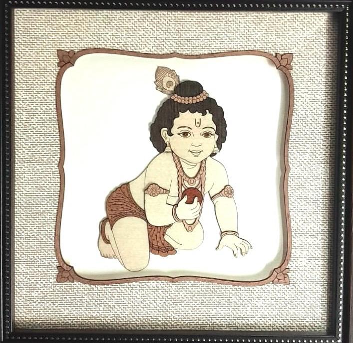 Bal Krishna Natural Wooden Art Frame 3D Religious Display Of Artwork By Tamrapatra