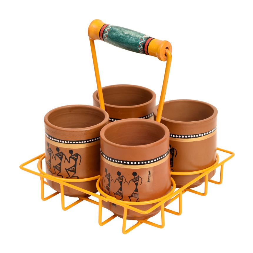 Best Way To Serve Beverages In 4 Terracotta Kulhads With Metal Tray By Tamrapatra