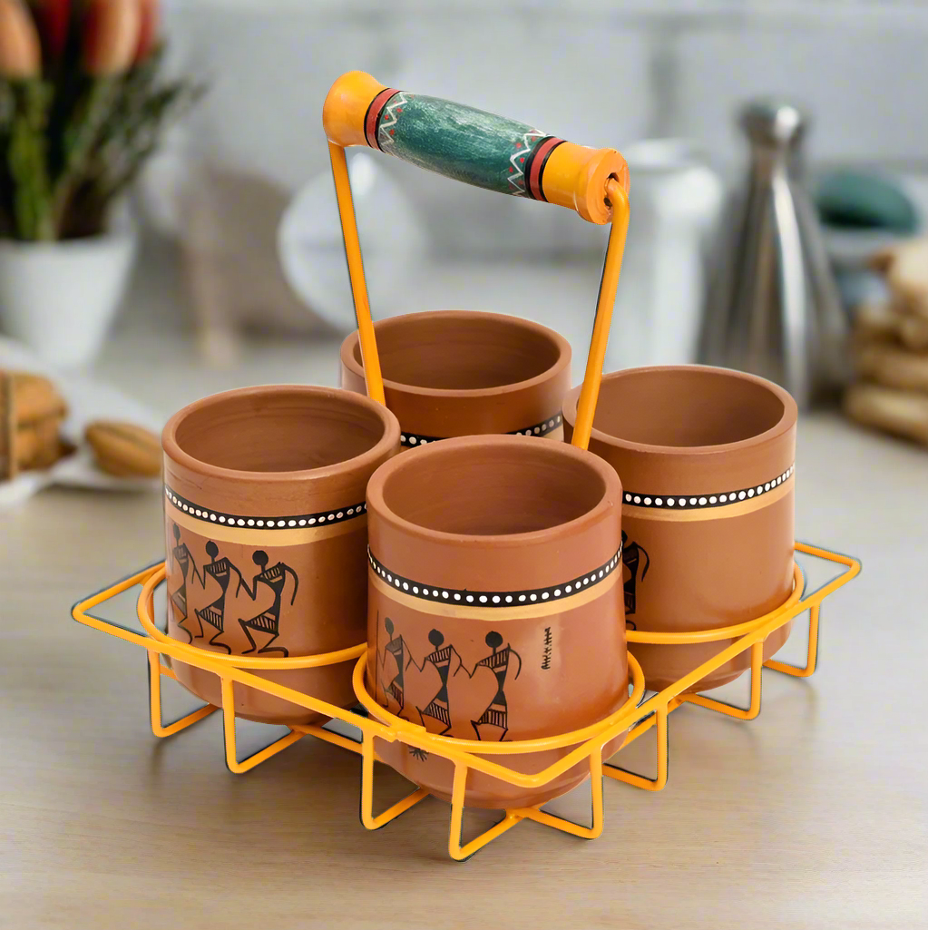 Best Way To Serve Beverages In 4 Terracotta Kulhads With Metal Tray By Tamrapatra