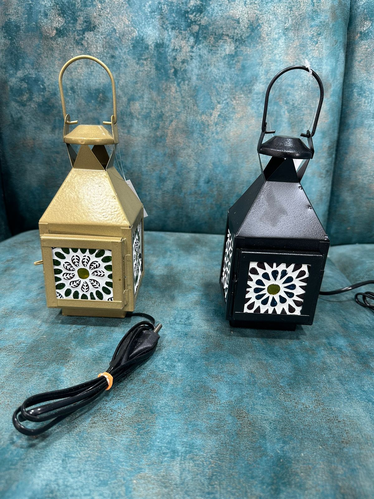 Lantern Designed Hanging Lamps With Colorful Glass Art Handmade By Tamrapatra
