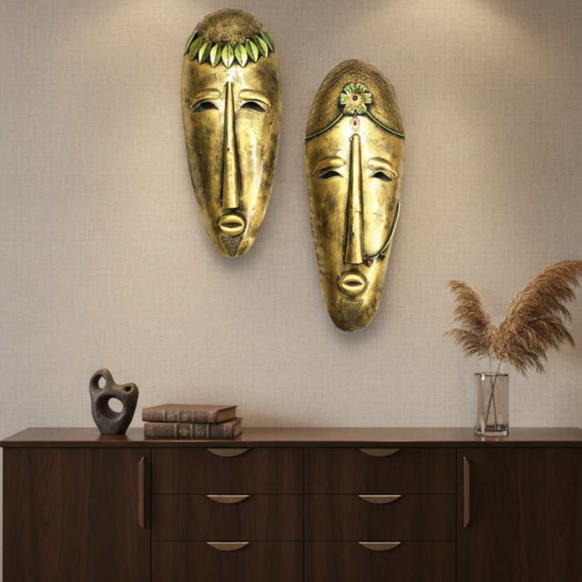 Metal Mask Male Female Wall Art In Exclusive Handcrafted In India By Tarmapatra - Tamrapatra