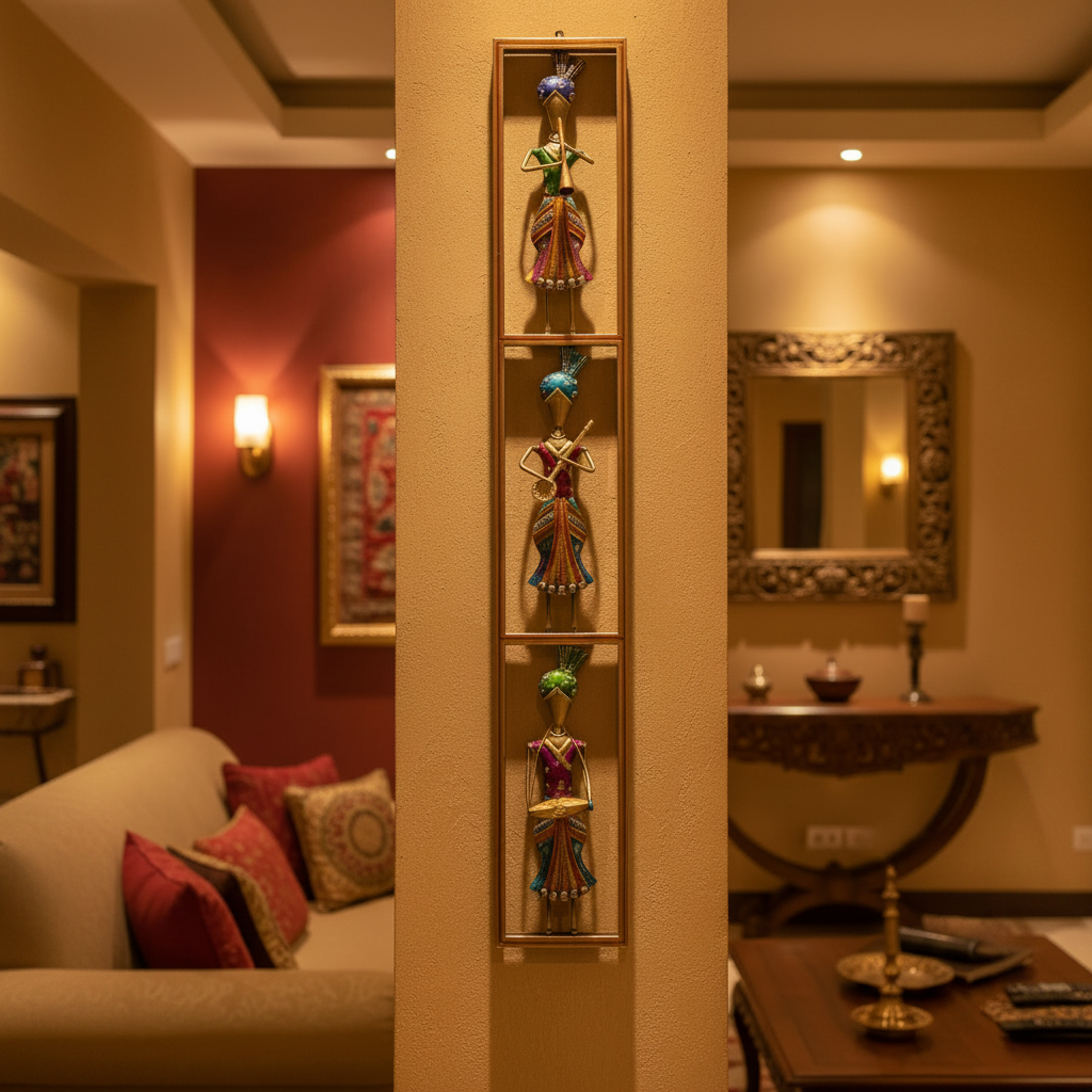 Decorative wall shelf with figurines in a living room setting