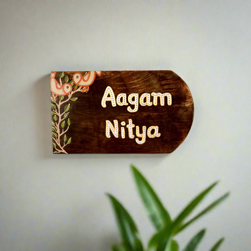 Playful Birds Nature Inspired Square Name Plate Wooden Painted From Tamrapatra