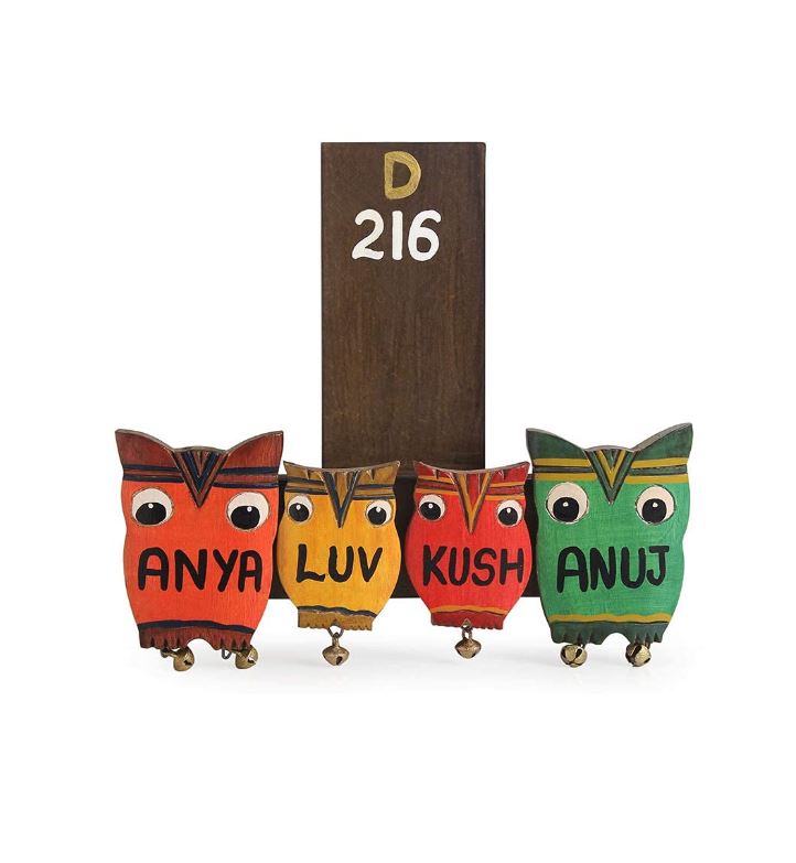 Attractive Name Plate Four Vibrant Colored Owls Handcrafted New By Tamrapatra