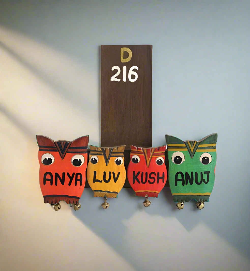 Attractive Name Plate Four Vibrant Colored Owls Handcrafted New By Tamrapatra