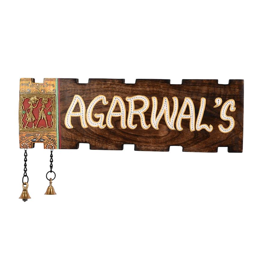 Classic Wooden Name Plate With 2 Bells & Figures Exclusive Designs By Tamrapatra