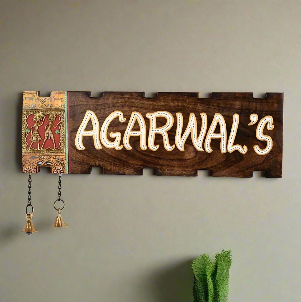 Classic Wooden Name Plate With 2 Bells & Figures Exclusive Designs By Tamrapatra