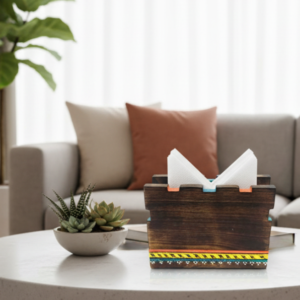 Wooden Tissue Holder Hand Painted With Contrasting Colors By Tamrapatra