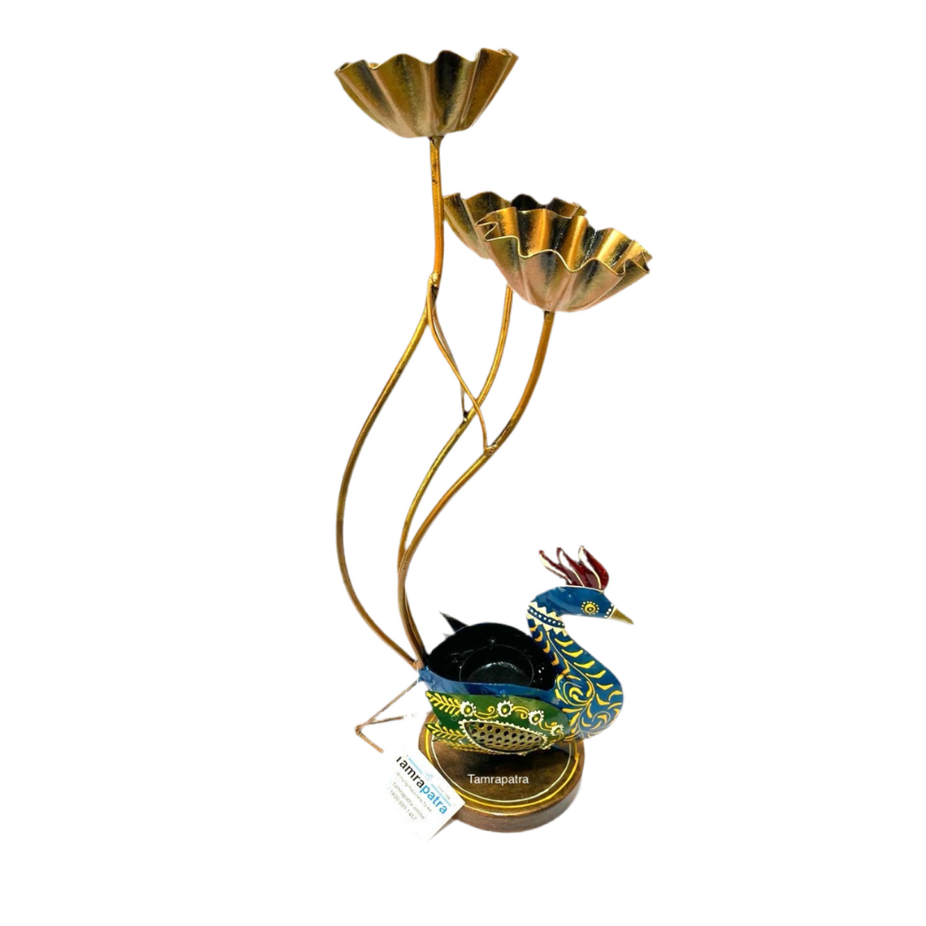 Peacock Shaped Metal Decorative Artefact With 3/4 Candle Holder Tamrapatra