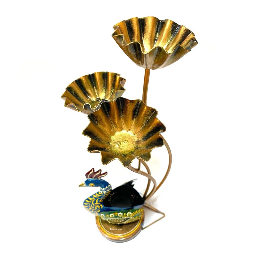 Peacock Shaped Metal Decorative Artefact With 3/4 Candle Holder Tamrapatra