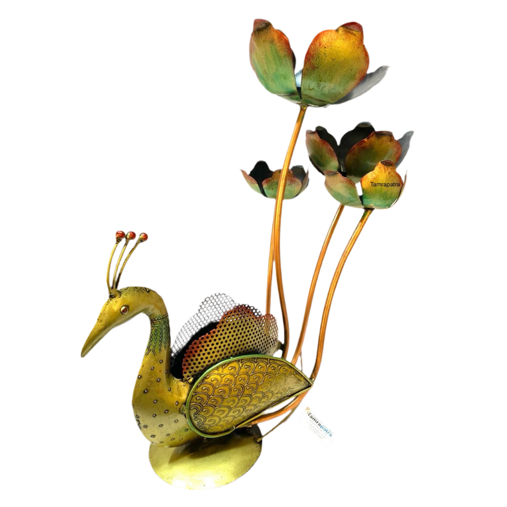 Peacock Shaped Metal Decorative Artefact With 3/4 Candle Holder Tamrapatra