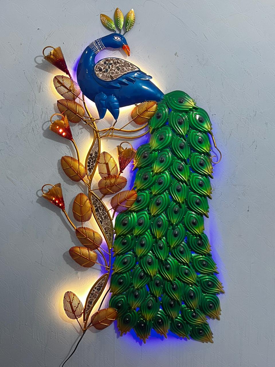 Peacock Representation On Hanging Wall Décor Metal Craftsmanship Led Tamrapatra