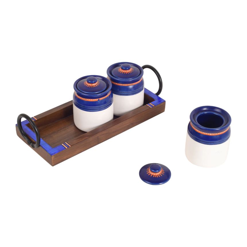 Conceptual Strong Build Tray With 3 Blue Pickle Jars Handicraft By Tamrapatra