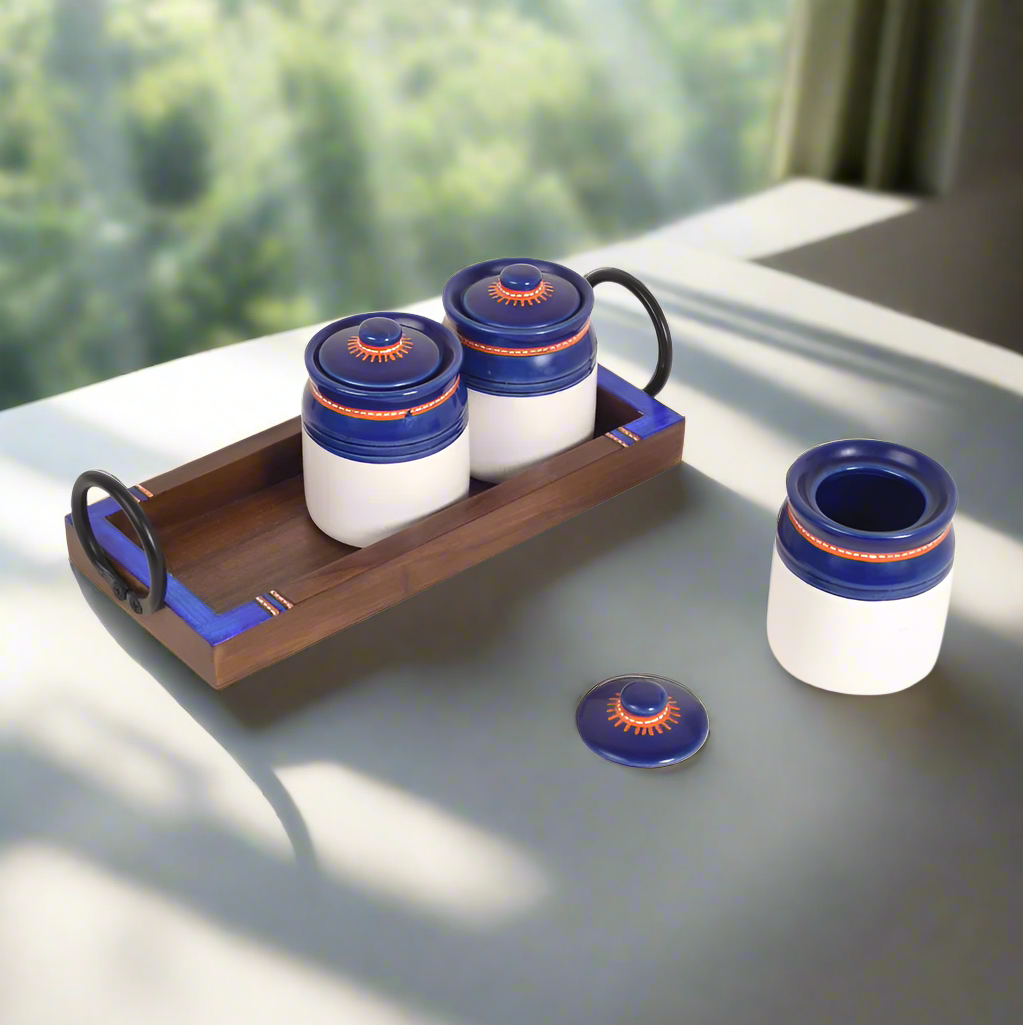 Conceptual Strong Build Tray With 3 Blue Pickle Jars Handicraft By Tamrapatra