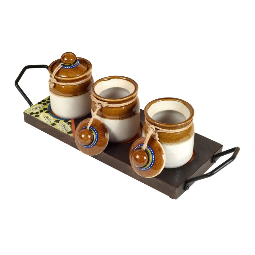 Wooden Colored Tray With Handle & 3 Ceramic Pickle Jars Handmade By Tamrapatra