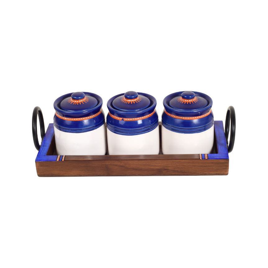 Conceptual Strong Build Tray With 3 Blue Pickle Jars Handicraft By Tamrapatra